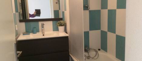 Un baño con un lavamanos blanco, un espejo, una planta en maceta y una ducha con azulejos a cuadros.