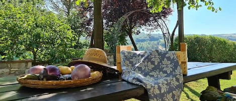 A picnic setup with a basket of fruits, a hat, and a blanket on a wooden bench with a scenic view in the background.