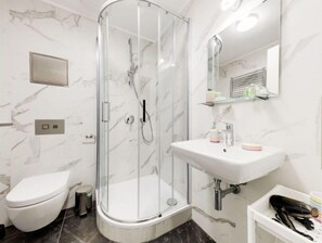 Hair dryer, towels, soap, shampoo