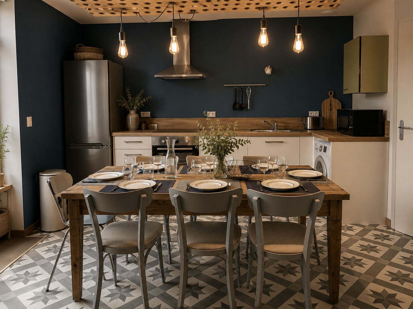 Une cuisine moderne avec une table à manger pour quatre personnes, un réfrigérateur en acier inoxydable et un four à micro-ondes.