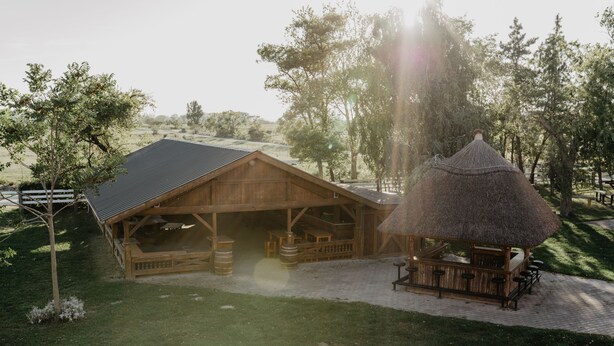 A rustic wooden building with a thatched-roof structure, surrounded by trees and a paved area. - Georgshof (Podersdorf am See)