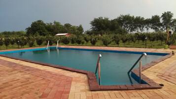 Seasonal outdoor pool, pool umbrellas, pool loungers