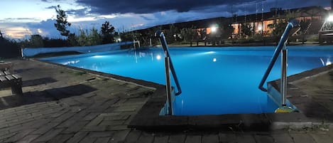 Seasonal outdoor pool, pool umbrellas, pool loungers