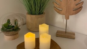 A small indoor plant arrangement with a wooden leaf decoration and three candles on a wooden plate. - Le Petit Hameau de Chantilly - Chic and Charming Studio in the Heart of Chantilly (CHANTILLY)