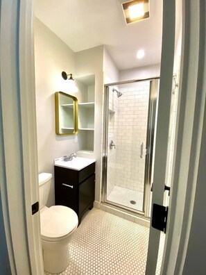 Chuveiro, secador de cabelo, toalhas de banho 