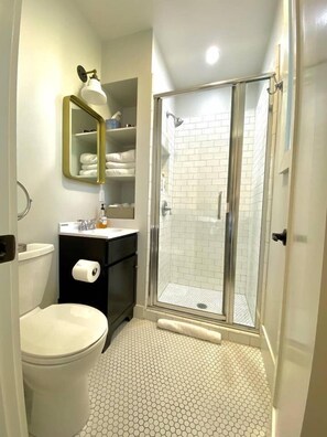 Shower, hair dryer, towels