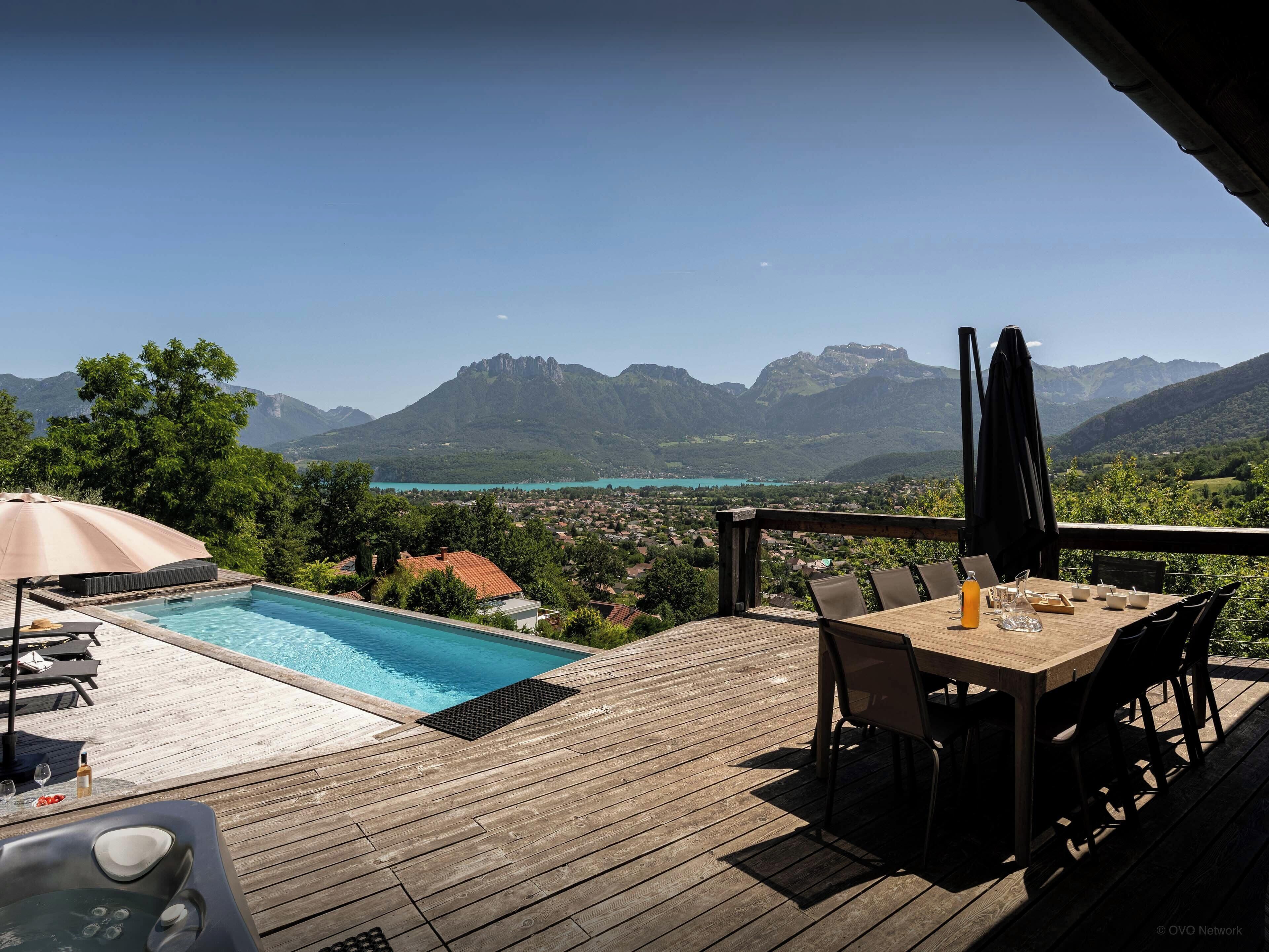 A heated pool, pool loungers