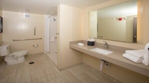 Un baño moderno con inodoro, ducha y lavabo.