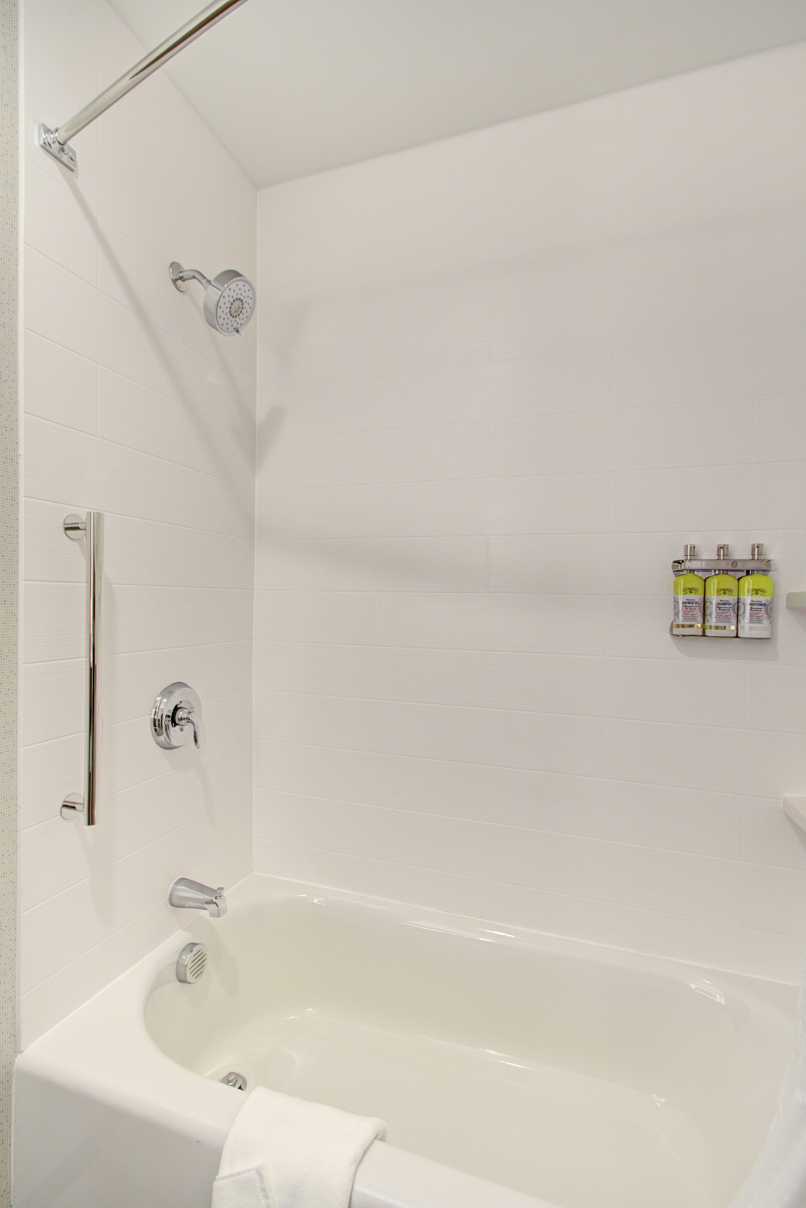 hair dryer, towels, soap, shampoo