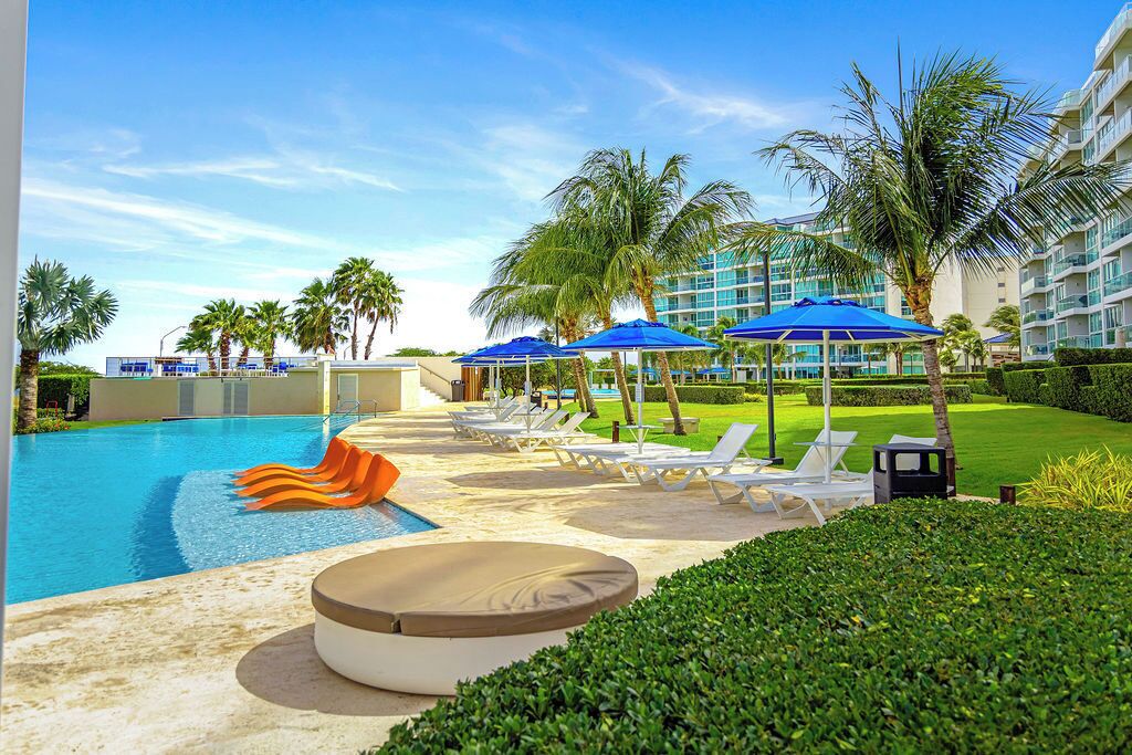 A pool area with lounge chairs, umbrellas, and a palm tree.