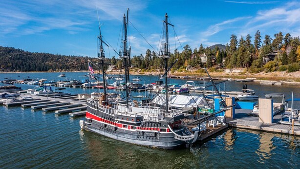 A large ship docked at a marina with multiple boats, a pier, and a forested hillside in the background.