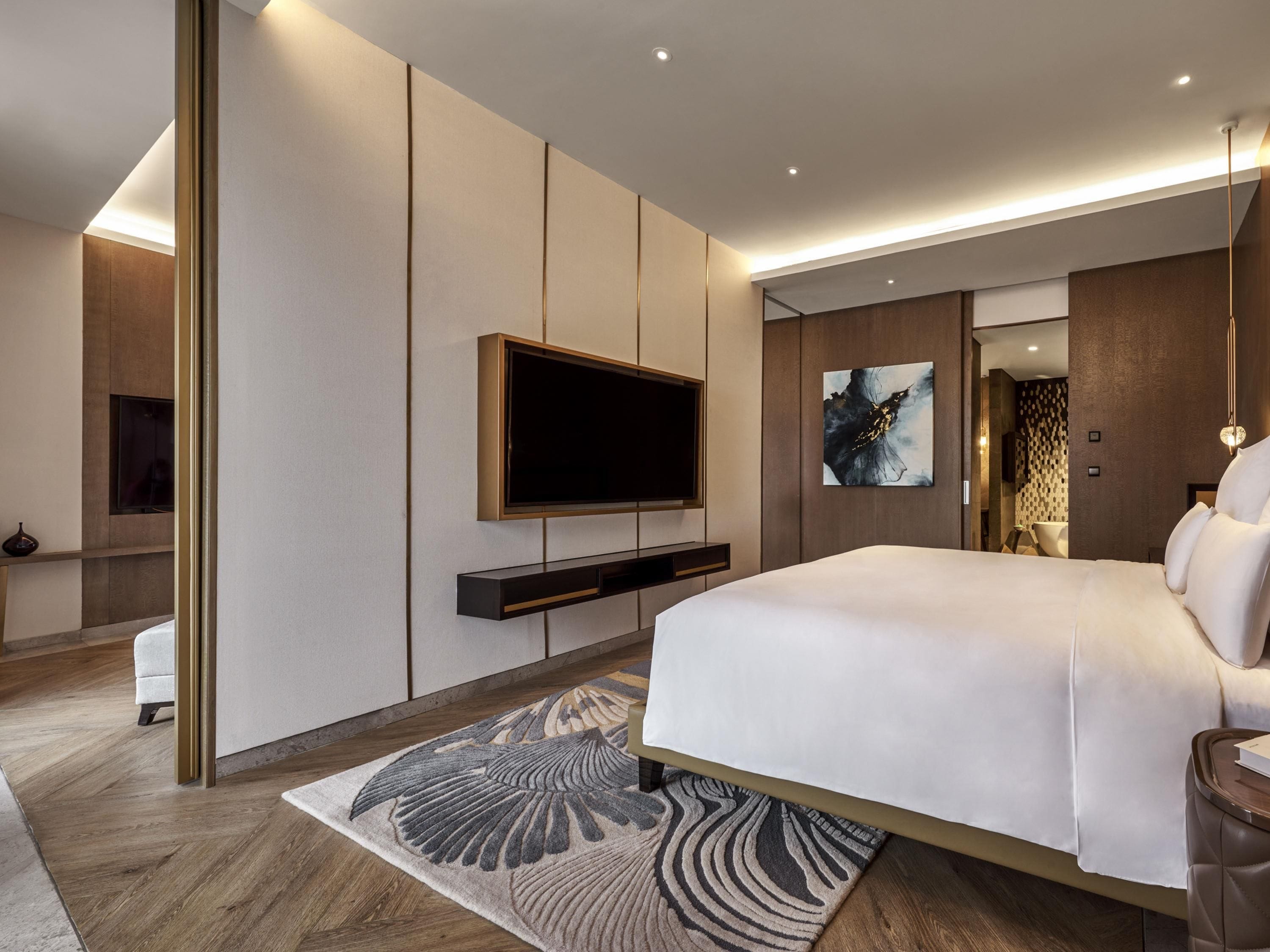 A modern bedroom with a large bed, a flat-screen TV mounted on the wall, and a decorative rug.