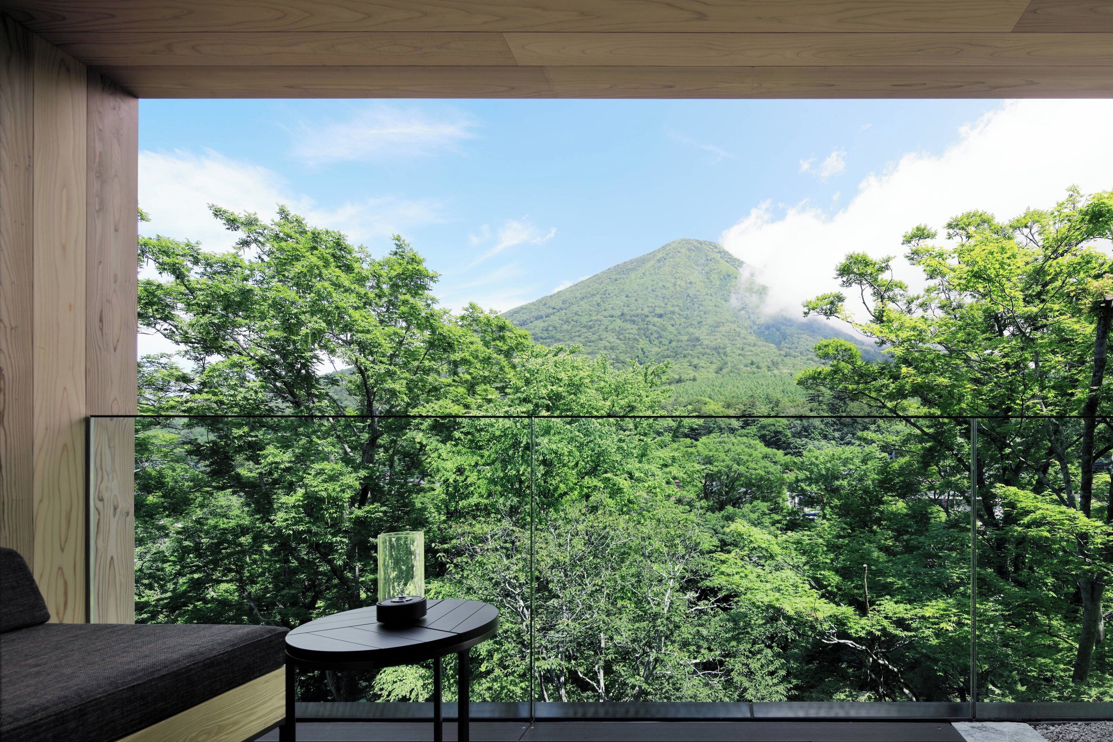A balcony with a view of a mountain and lush greenery.