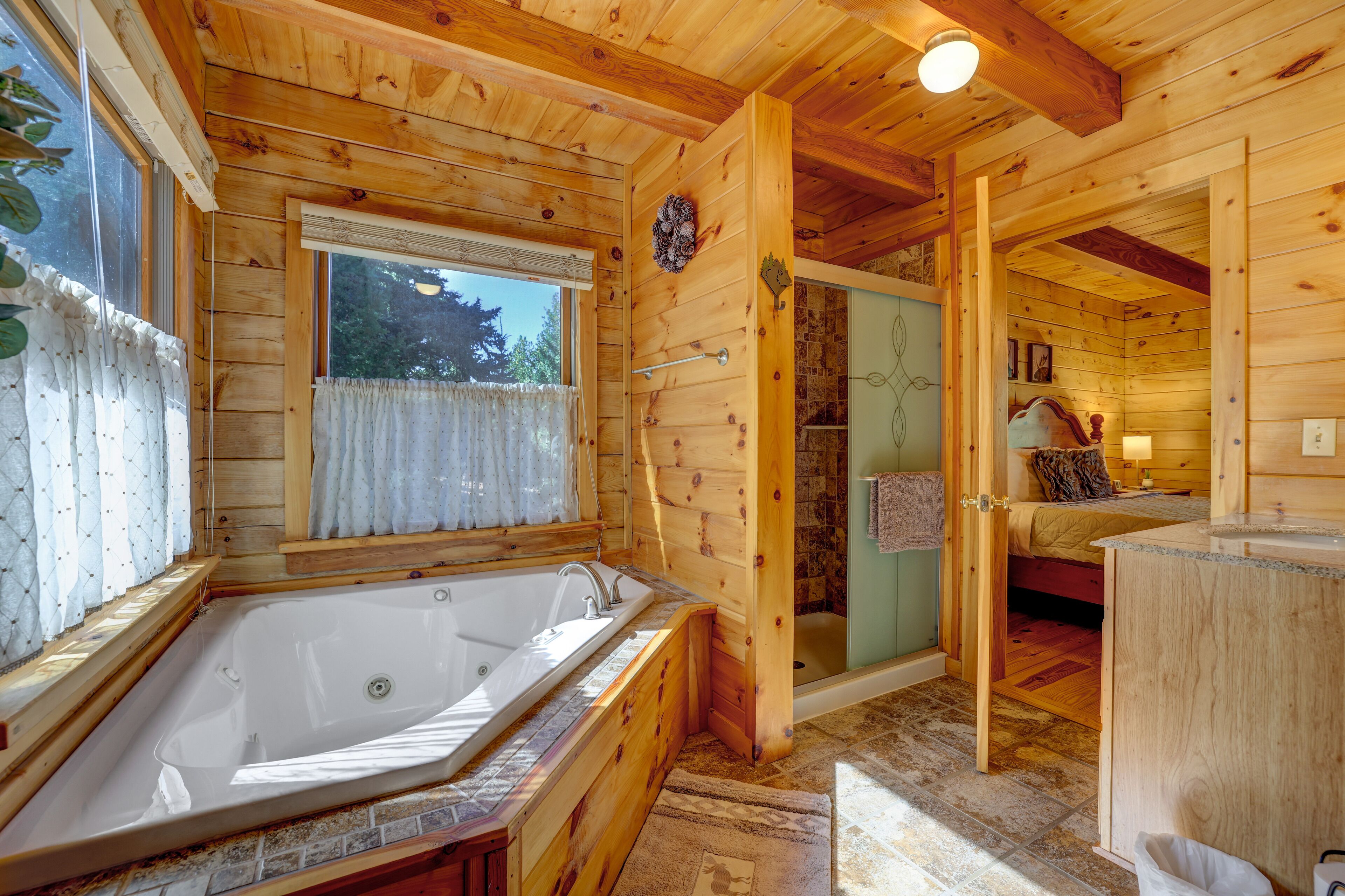 Combined shower/tub, jetted tub, hair dryer, towels