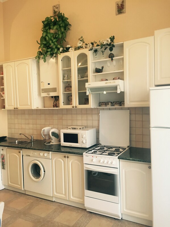 Køleskab, mikrobølgeovn, kogeplade, opvaskemaskine