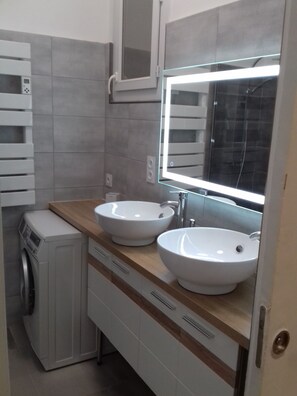 Regadera, toallas, papel de baño 