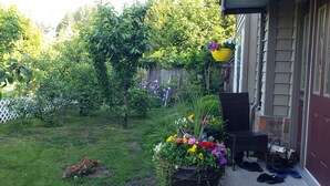 A garden with various plants and flowers, a wooden fence, and outdoor furniture. - SPACIOUS. QUIET ROOM W PRIVATE BATHROOM IN GREAT HOUSE (Richmond)