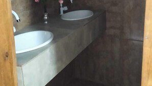 A bathroom with two sinks, a mirror, and a vase with flowers. - Hostel Vila Bela (Brasília)