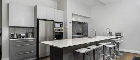 Mini-fridge, microwave, electric kettle