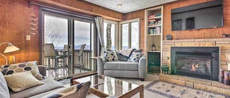 Televisión, chimenea y libros