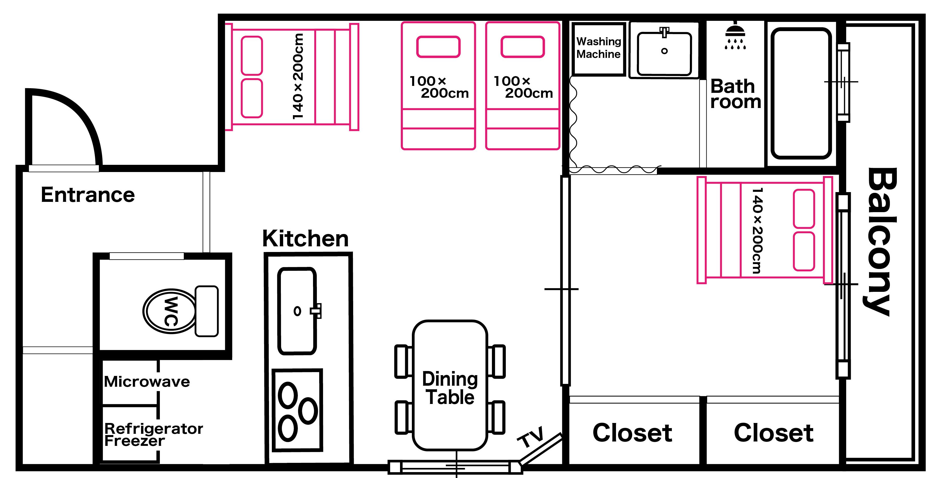 Grundriss eines Hotelzimmers mit Eingang, Küche, Esstisch, Mikrowelle, Kühlschrank mit Gefrierfach, Balkon und zwei Kleiderschränken.