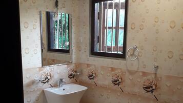 Shower, rainfall showerhead, towels