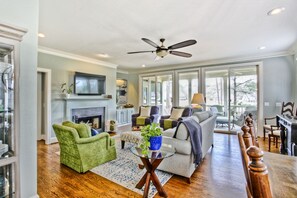 TV connectée, cheminée, médiathèque, chaîne hi-fi