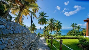 A stone pathway leading to a beach with palm trees and a clear view of the ocean. - The Most Beautiful place (Samana City)