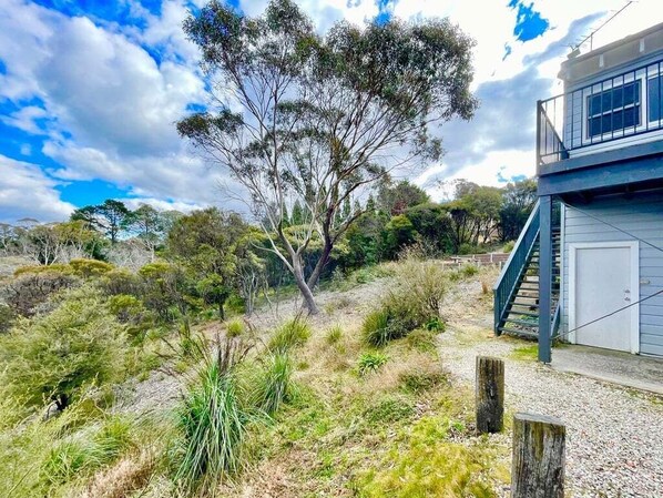 Una casa moderna con una escalera que lleva a un garaje, rodeada por un paisaje natural con diversos árboles y arbustos.