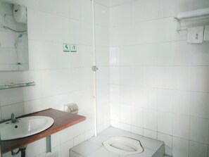 A bathroom with a sink, toilet, and a shower area.