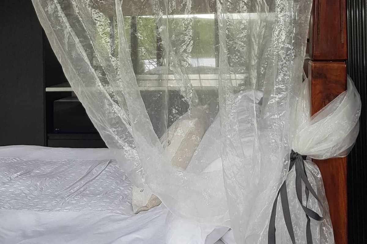 A bed with a white sheet and a sheer canopy tied with a ribbon.