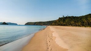Una playa con aguas cristalinas, una orilla arenosa y una hilera de palmeras.