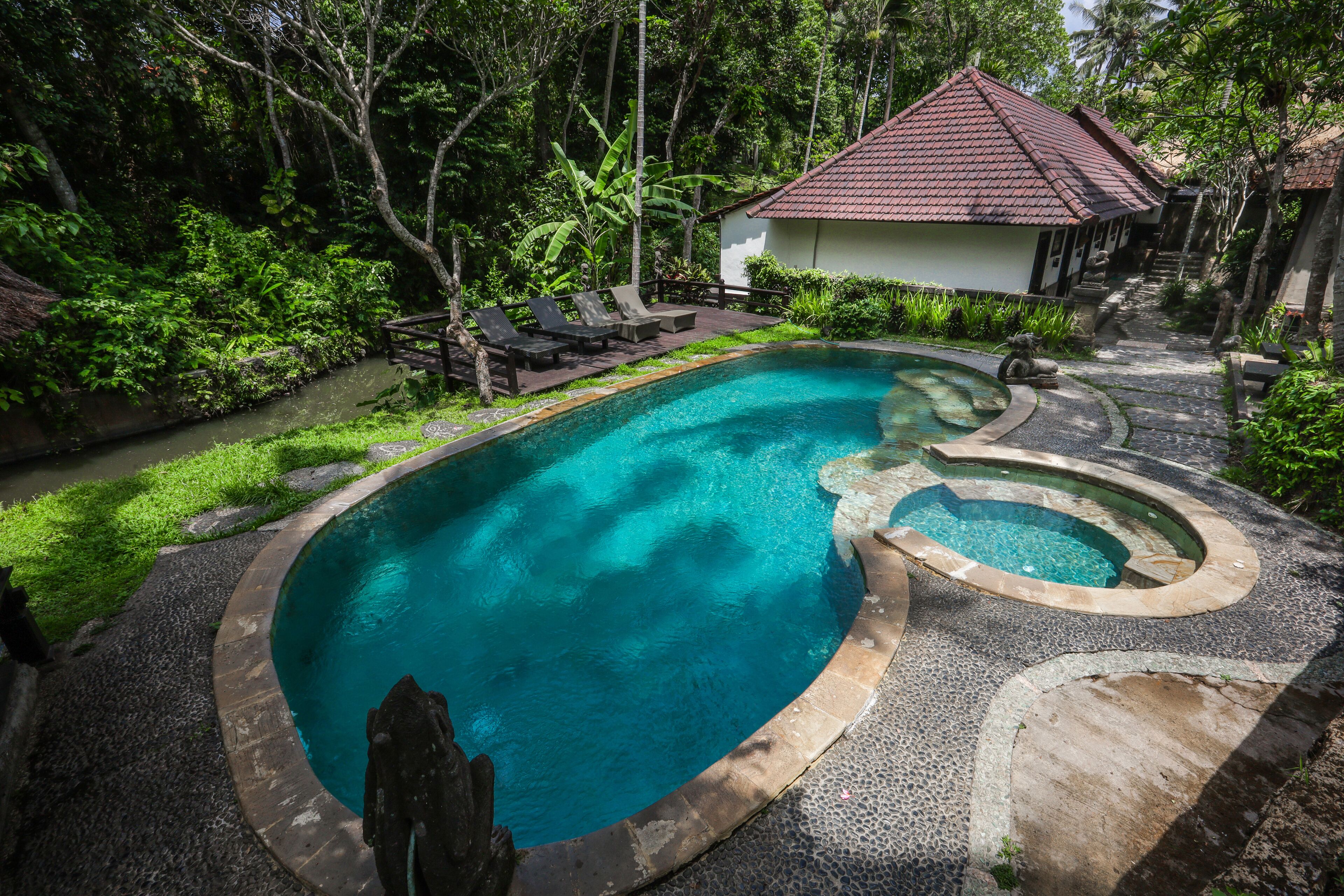 A swimming pool with a curved design, surrounded by a stone deck and lush greenery.