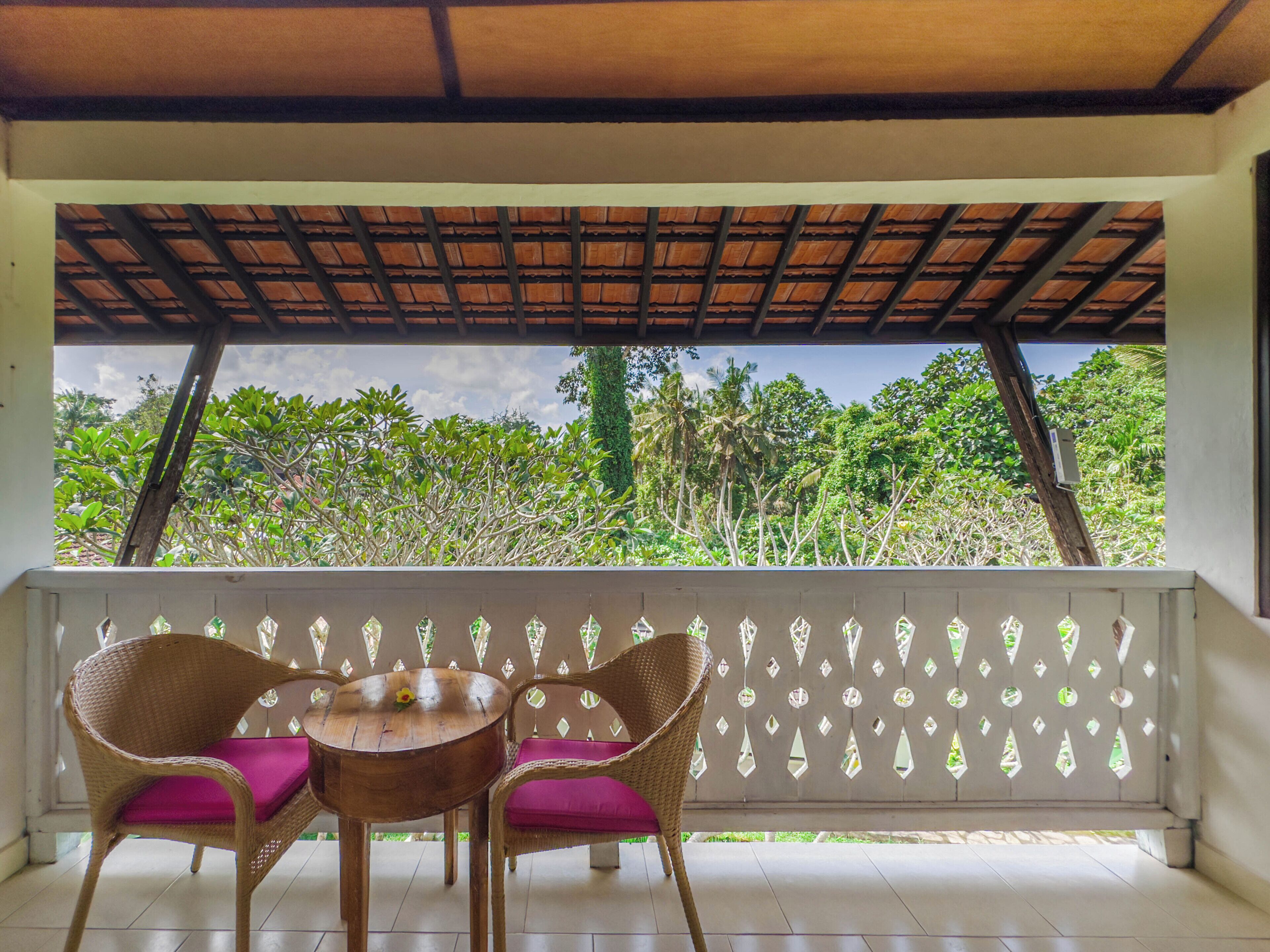 A covered outdoor seating area with two wicker chairs and a small round table, overlooking a lush garden with trees and a clear sky.