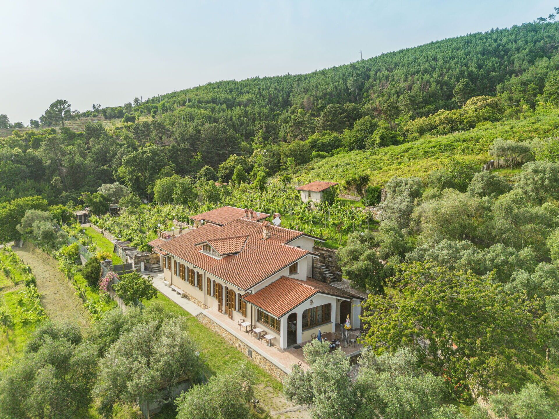 A villa with a red-tiled roof, surrounded by lush greenery and hills.