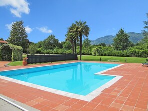 Ein rechteckiger Pool mit Fliesenrand, umgeben von einem gepflegten Rasen und Palmen.