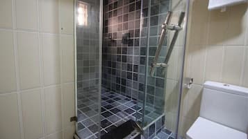 Shower, free toiletries, towels, soap