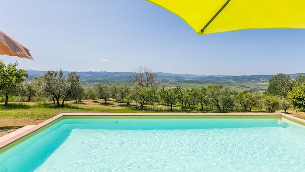 Une piscine d’un bleu éclatant, offrant une vue sur un vignoble et des collines lointaines.