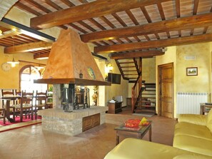 Una televisión, una chimenea, un reproductor de DVD