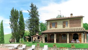 Una villa con piscina, area relax esterna e facciata in pietra.