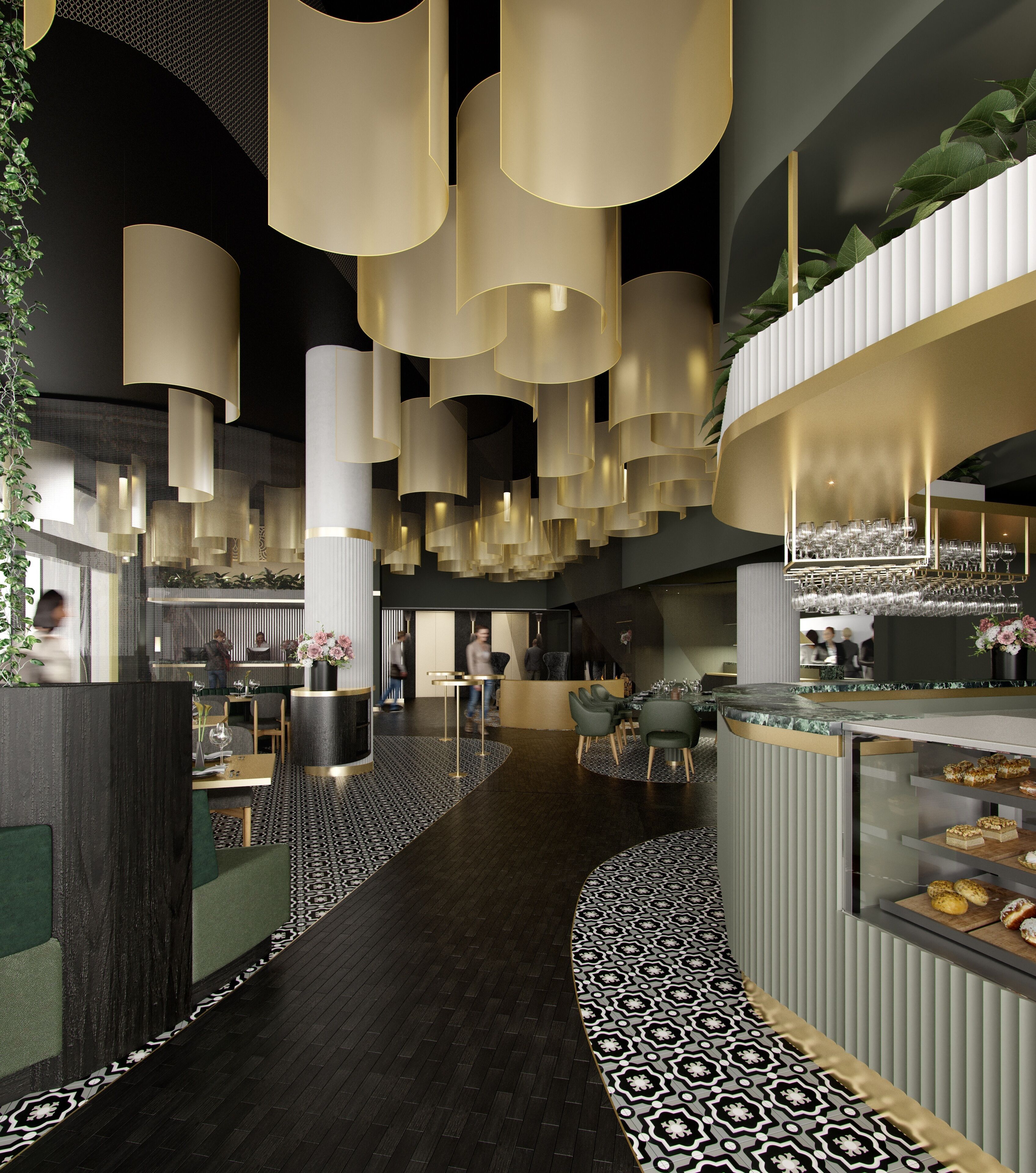 A modern interior with a central walkway, a bar area with glassware, and a seating area with tables and chairs.