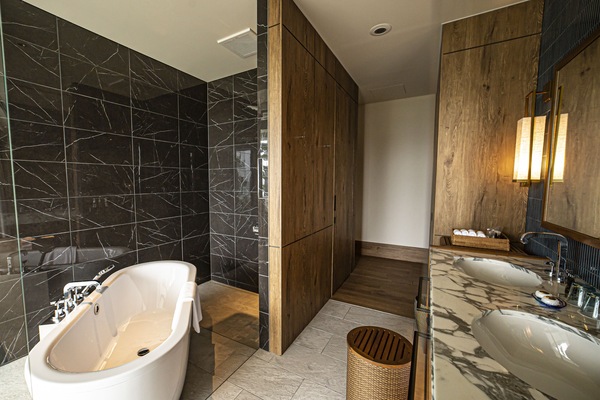 Combined shower/bathtub, hydromassage showerhead, designer toiletries
