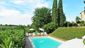 A swimming pool with lounge chairs and umbrellas, surrounded by greenery and tall trees. - Beautiful  villa for 12 guests with private pool, WIFI, TV, terrace, pets allowed and panoramic ... (Scandicci)