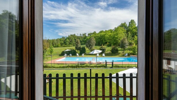 Une piscine entourée de verdure et d’arbres, avec des chaises longues et des parasols.