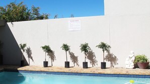 A swimming pool with a tiled edge, surrounded by potted plants and a white wall with a sign. - The Lodge Strand (Cape Town)