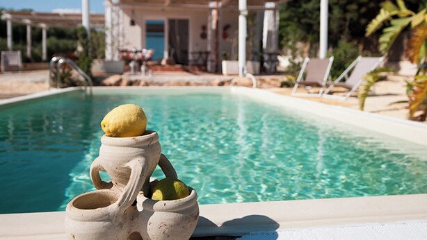 Ein Pool mit einer Zitrone in einer Keramikkanne, ein überdachter Außenbereich mit Liegestühlen und ein Gebäude im Hintergrund.