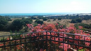 A balcony with a metal railing overlooking a landscape with pink flowers and a view of the sea and distant buildings. - Apartment in Countryside Villa With Pool Within the Se Sicilian Barocco Area (Ragusa)