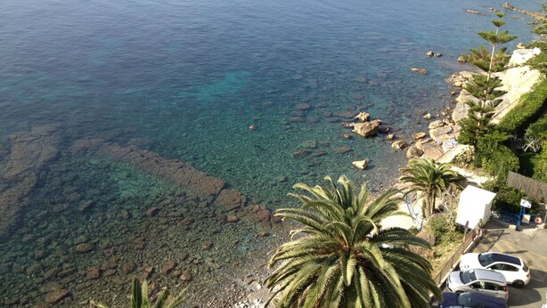A coastal view with clear water, rocky shoreline, and palm trees. - Solaria 1 and 2 - Ospedaletti Ligure - Lungomare C Colombo Nrfloor (Ospedaletti)