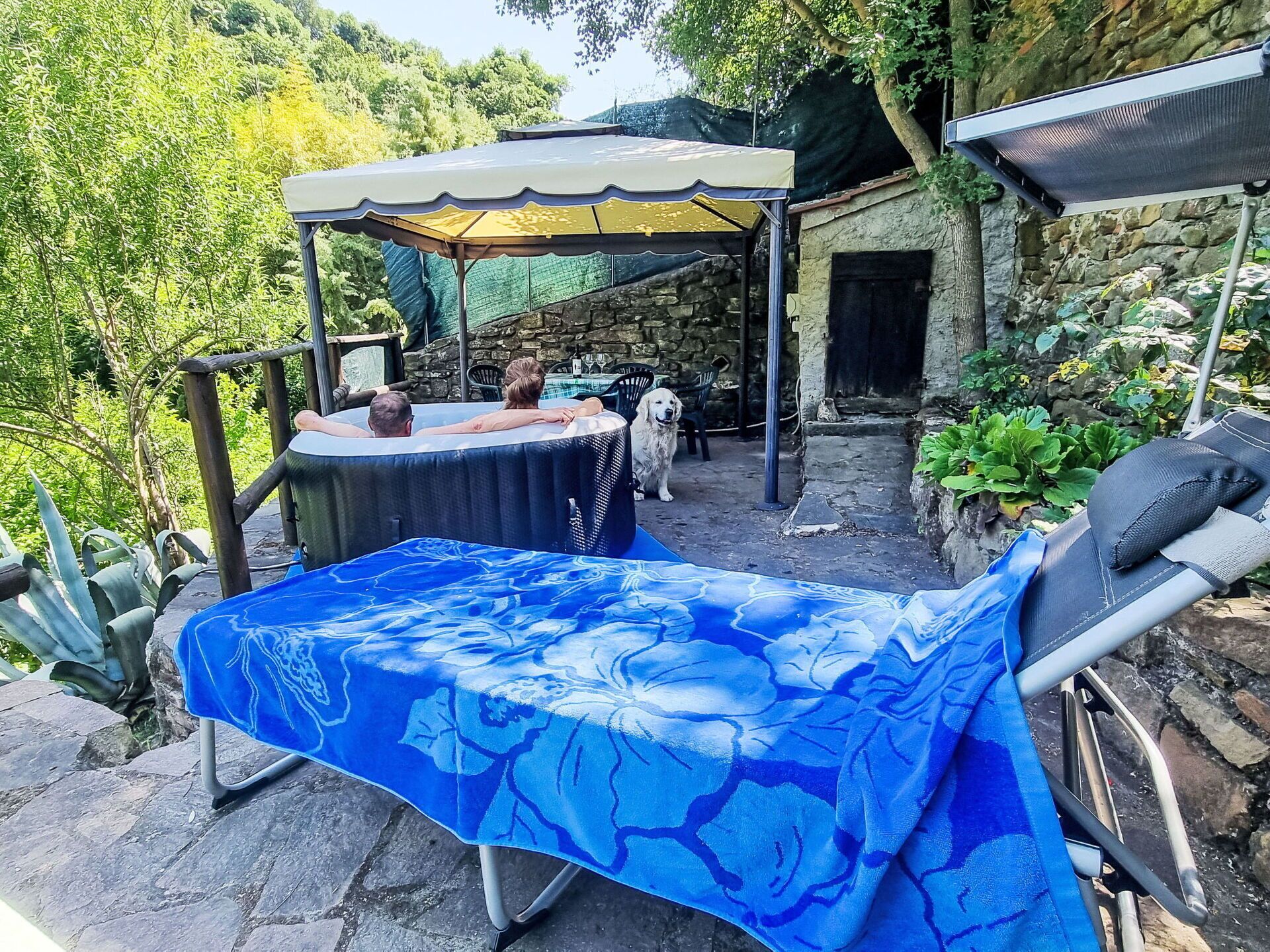 Een terras met een overdekte zithoek, een tafel met een blauwe tafelkleed en een hond.