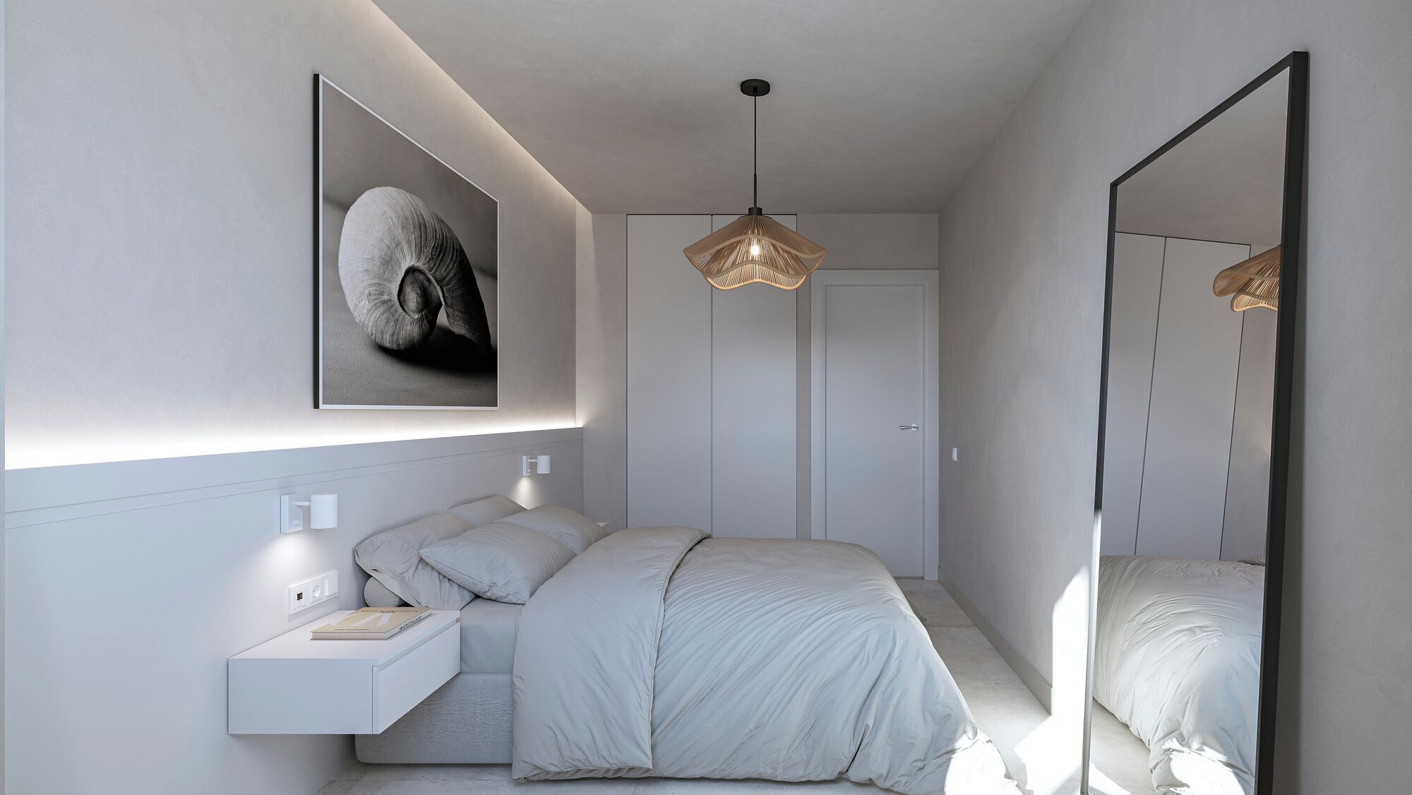 Premium bedding, laptop workspace, iron/ironing board